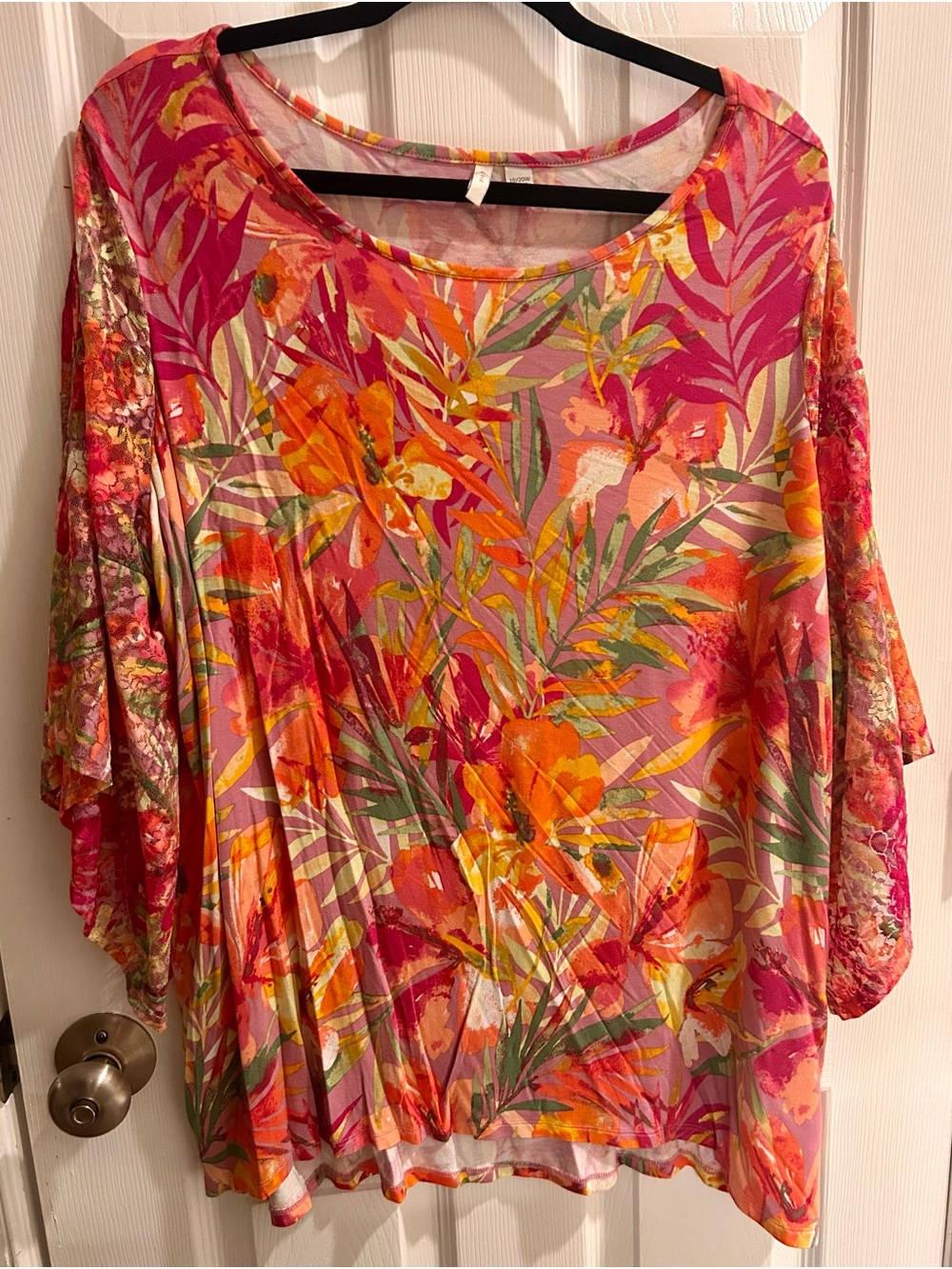 Cato Tropical Floral Scoop-Neck Tunic in Pink, Orange & Green